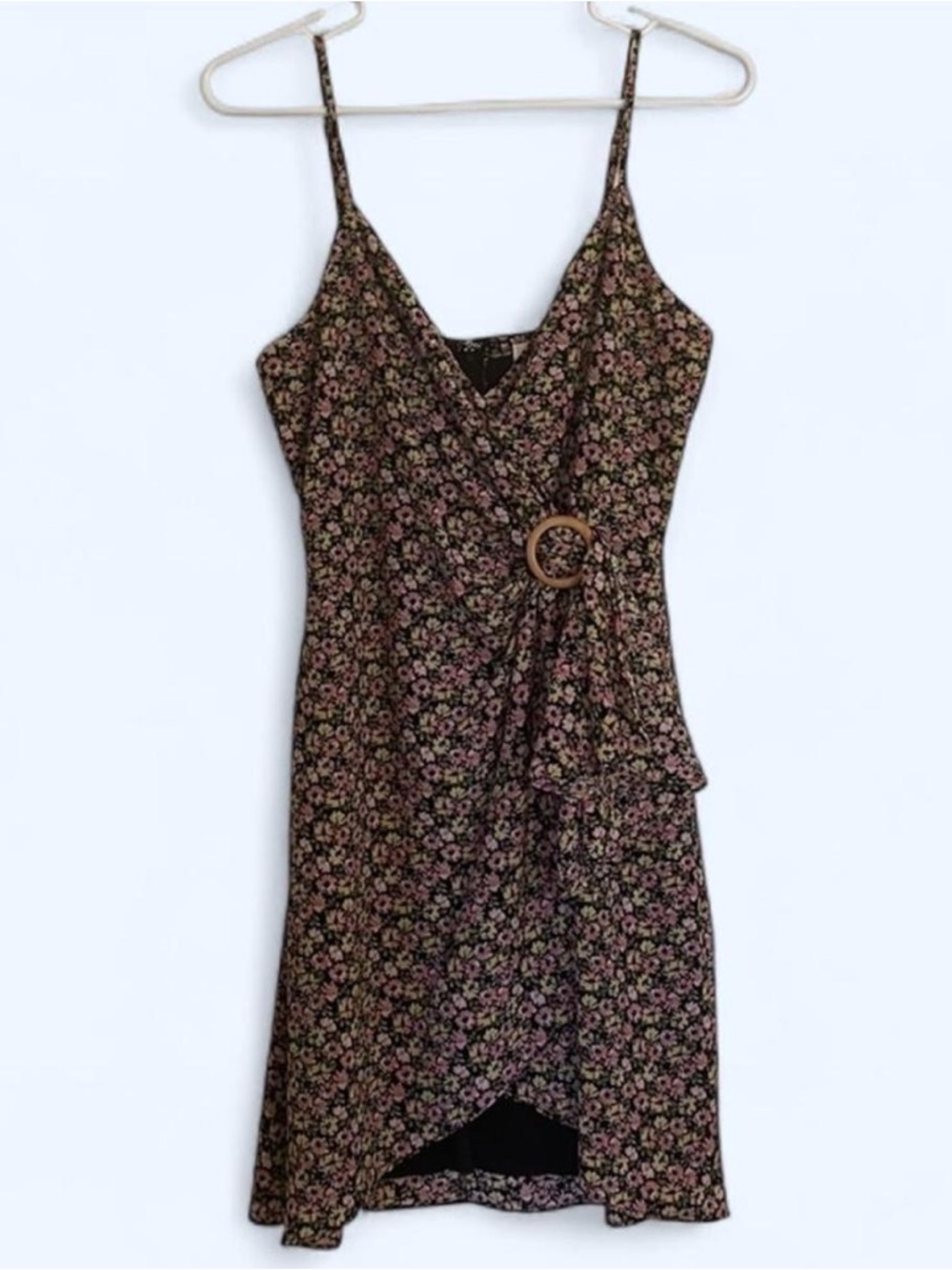 Altar’d State Row A Floral Wrap Mini Dress w Buckle Detail Black Pink Wrap Dress